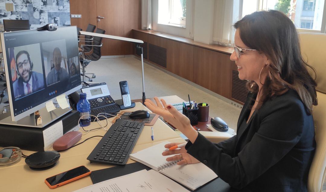 La consejera de Empleo e Industria, Carlota Amigo, durante la videoconferencia con el alcalde de Ávila, Jesús Manuel Sánchez Cabrera