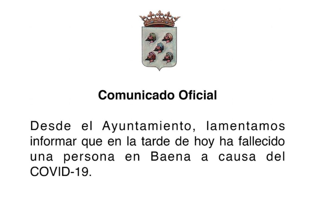 Comunicado del Ayuntamiento de Baena confirmando el fallecimiento de uno de sus vecinos a causa de la Covid-19