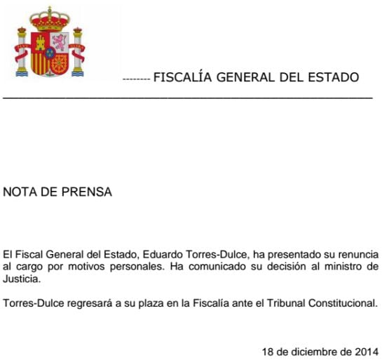 Comunicado de la Fiscalía General del Estado anunciando la dimisión de Eduardo Torres-Dulce