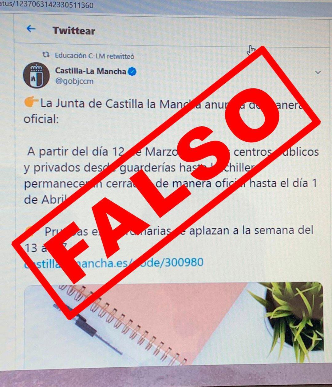 Bulo transmitido por redes sociales sobre la suspensión de la actividad escolar en Castilla-La Mancha por el coronavirus