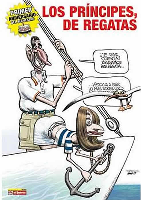 Vista del poster que la conmemora la portada secuestrada de El jueves, ambas protagonizadas por los Príncipes de Asturias.