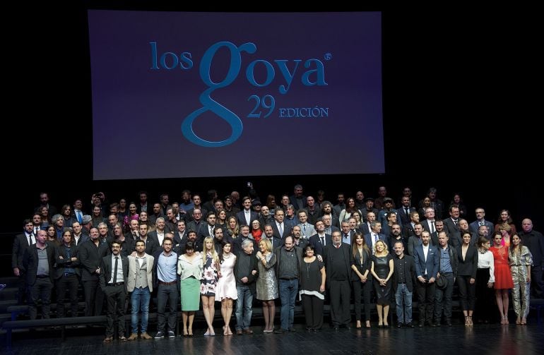 MADRID, SPAIN - JANUARY 19:  Nominated group picture at the 29th Goya Awards Nominated Party at the Canal Theater on January 19, 2015 in Madrid, Spain.  (Photo by Fotonoticias/WireImage)