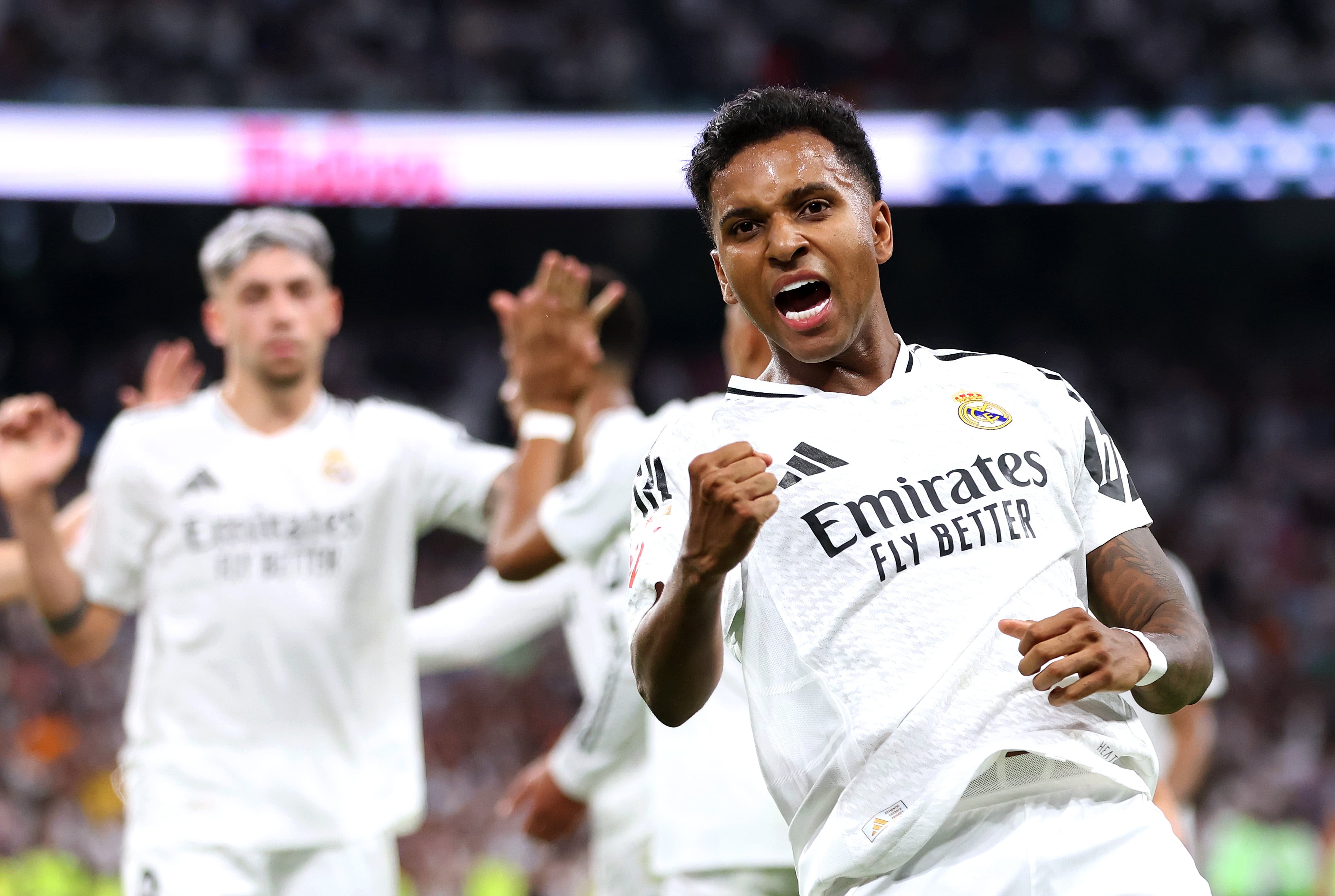 Rodrygo Goes celebra un gol con el Real Madrid esta temporada