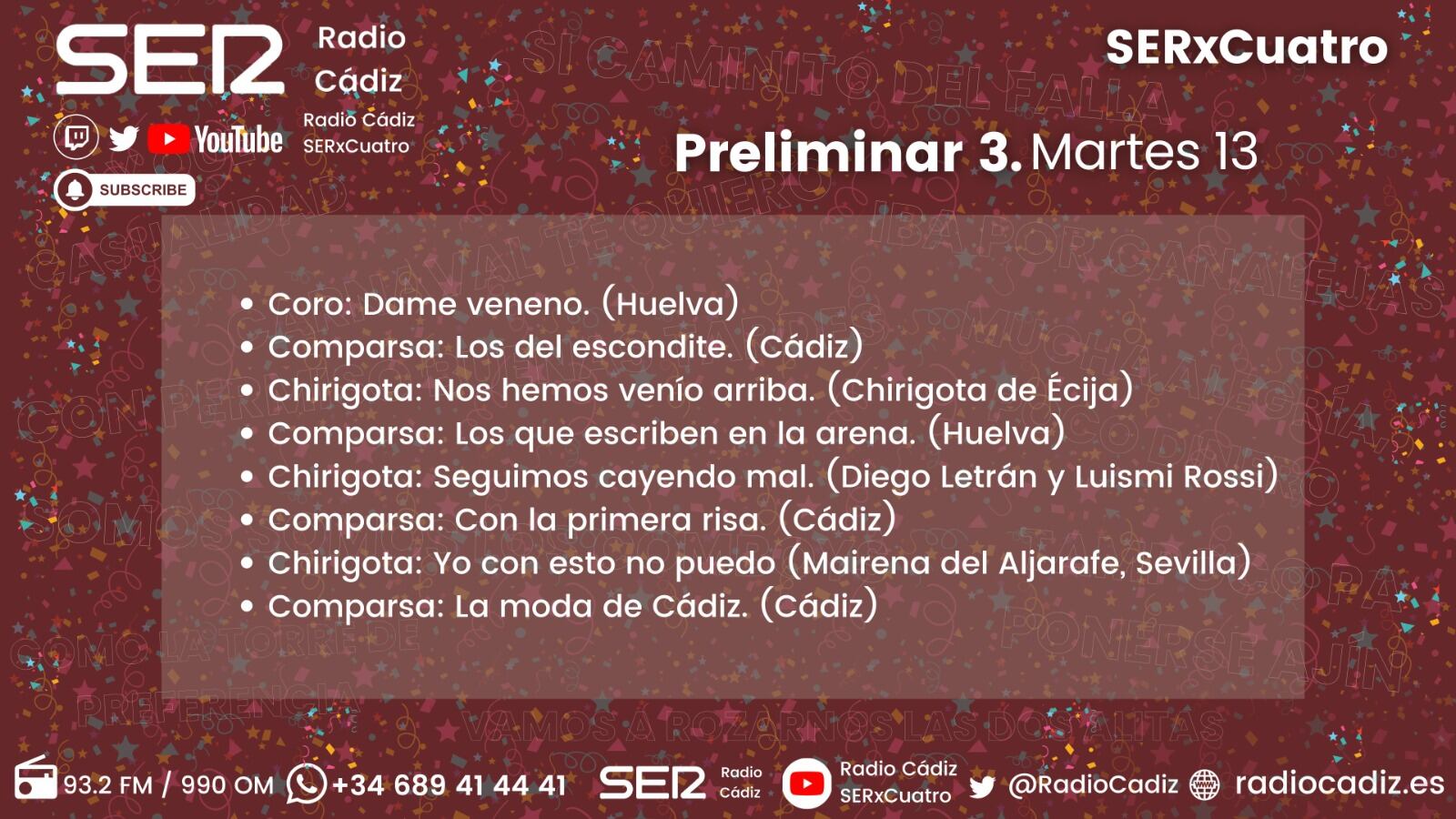 Orden de actuación de la tercera sesión de preliminares del COAC 2026.