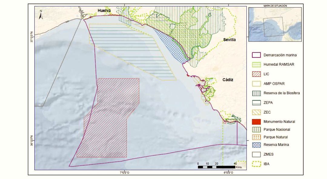 Mapa de Espacios Protegidos, o de Interés en la Demarcación Sudatlántica