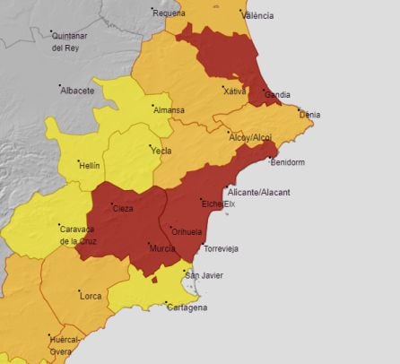 En rojo las zonas donde se prevé calor más intenso