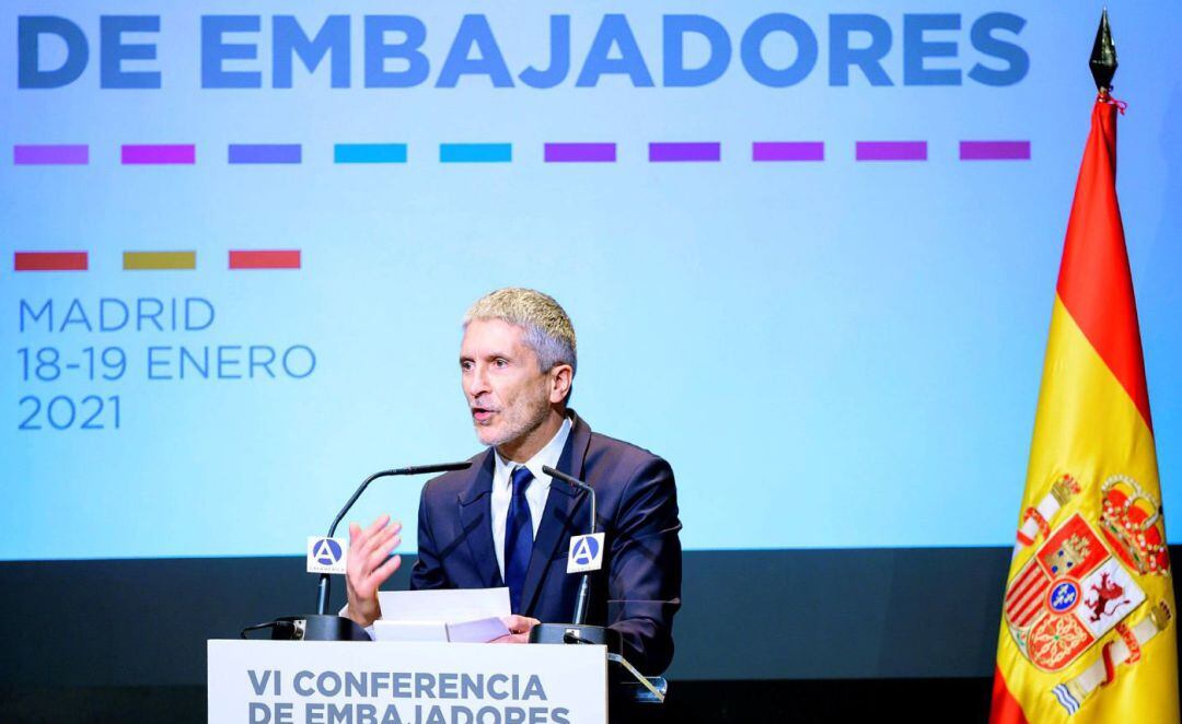 El ministro del Interior, Fernando Grande-Marlaska, durante la VI edición de la Conferencia de Embajadores celebrada este martes en Madrid. 