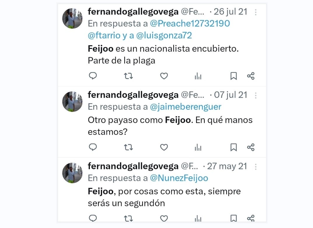 Tuits sobre Alberto Núñez Feijóo publicados por el alcalde de Camuñas (Toledo)