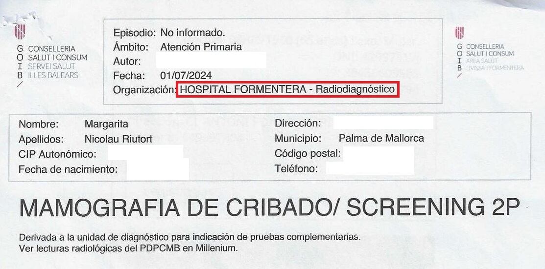 Imagen del informe de la mamografía de Margarita Nicolau, realizada en Son Espases y en el que aparece el Hospital de Formentera.