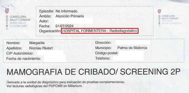 Imagen del informe de la mamografía de Margarita Nicolau, realizada en Son Espases y en el que aparece el Hospital de Formentera.