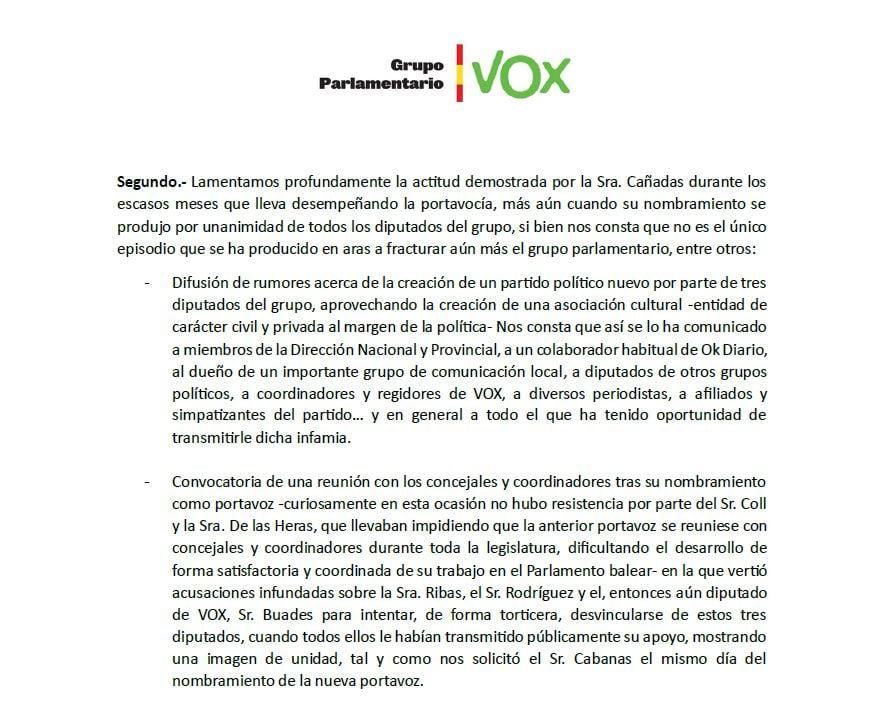 Fragmento del escrito remitido por Ribas y Rodríguez en el que acusan a Cañadas de diferentes episodios para fragmentar el grupo parlamentario