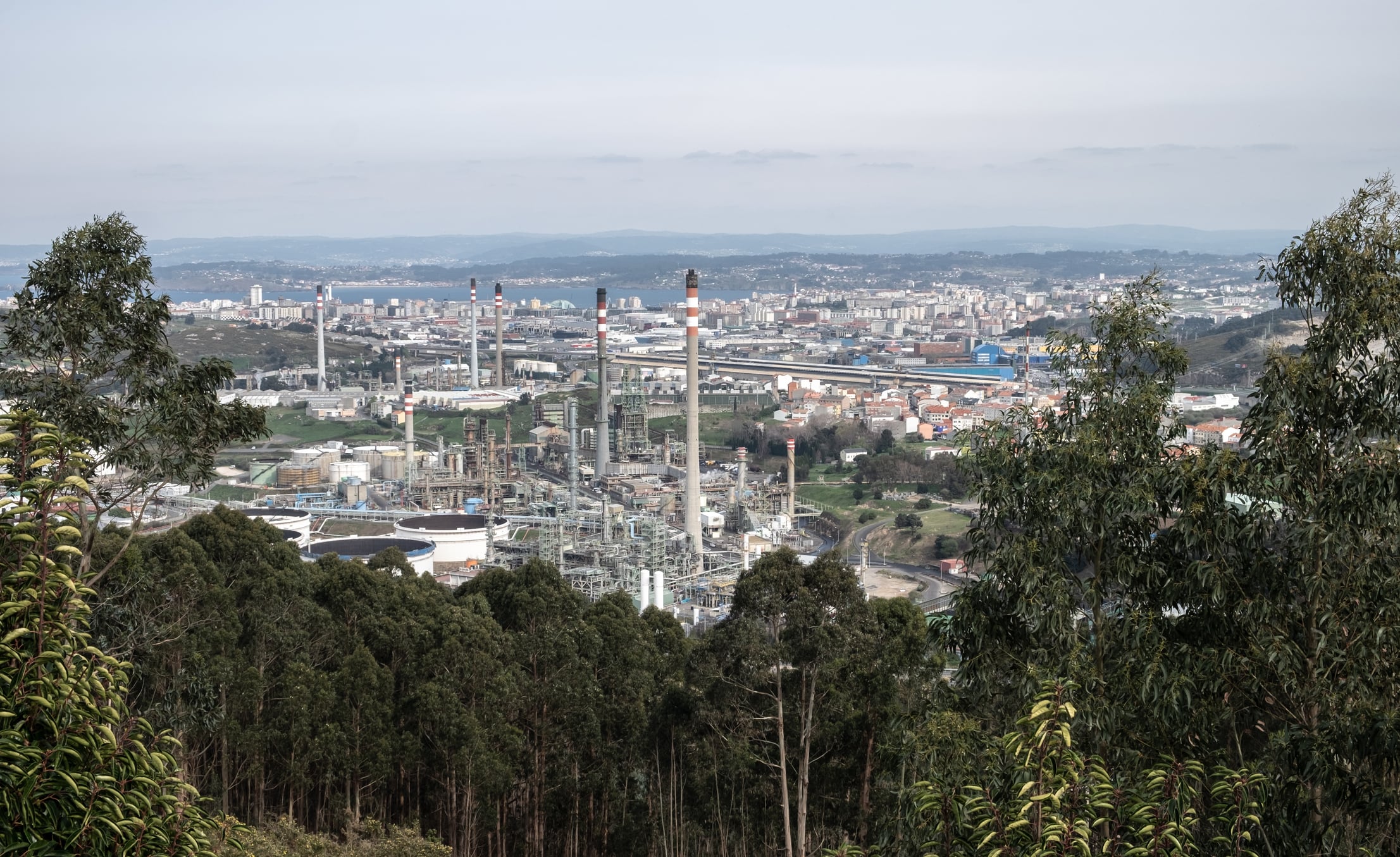 Aerial view of La Coruña. Oil refinery and eucalyptus forest in the foreground.