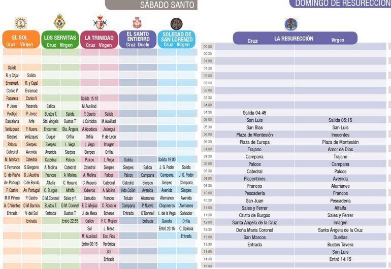 Parrilla con los horarios e itinerarios del Sábado santo y el Domingo de Resurrección