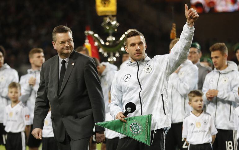 Lukas Podolski, en el momento de su discurso