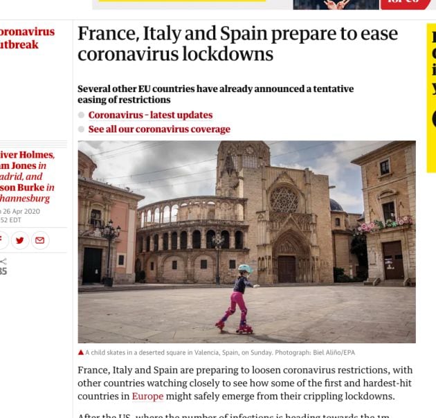 Portada del periódico The Guardian sobre el proceso de &quot;desescalada&quot; en varios países europeos