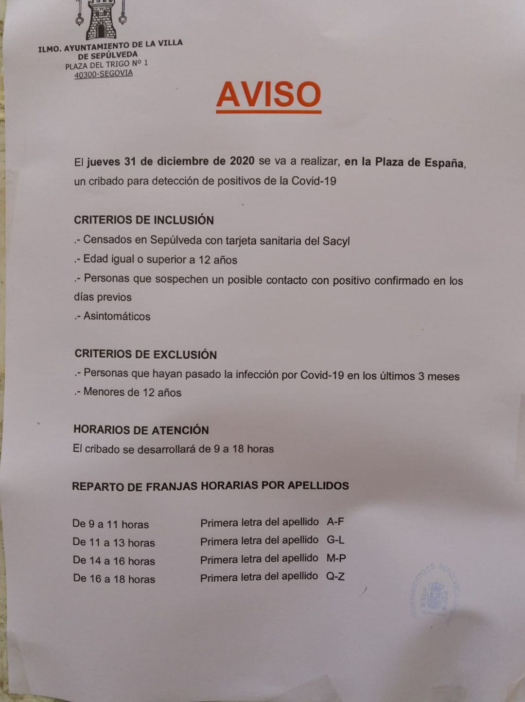 Cartel que avisa del cribado para la detección del Covid 19 que se va a realizar en Sepúlveda