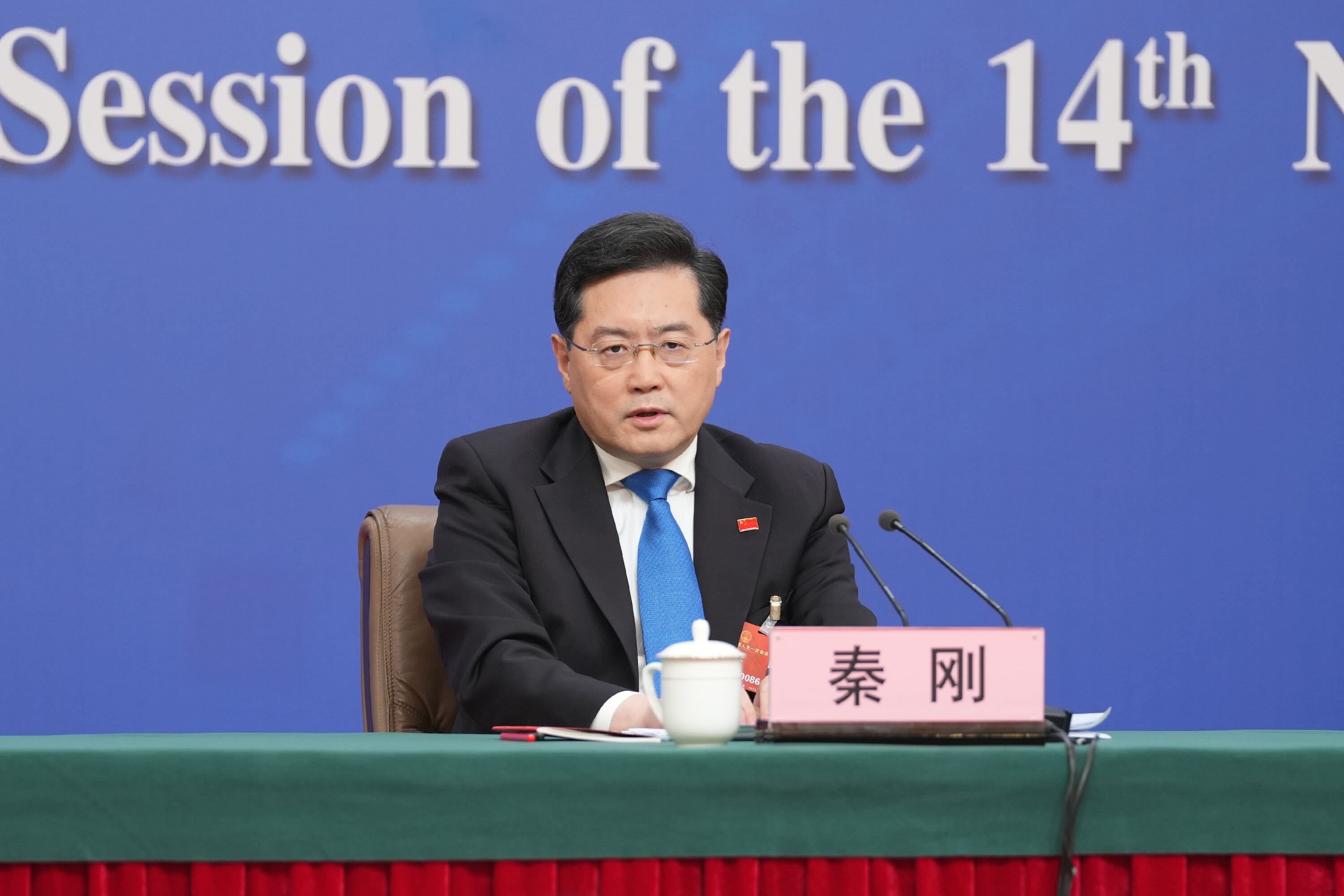 El ministro de Exteriores de la República Popular de China, Qin Gang, durante la conferencia de prensa posterior a la primera sesión del 14 Congreso Nacional del Pueblo