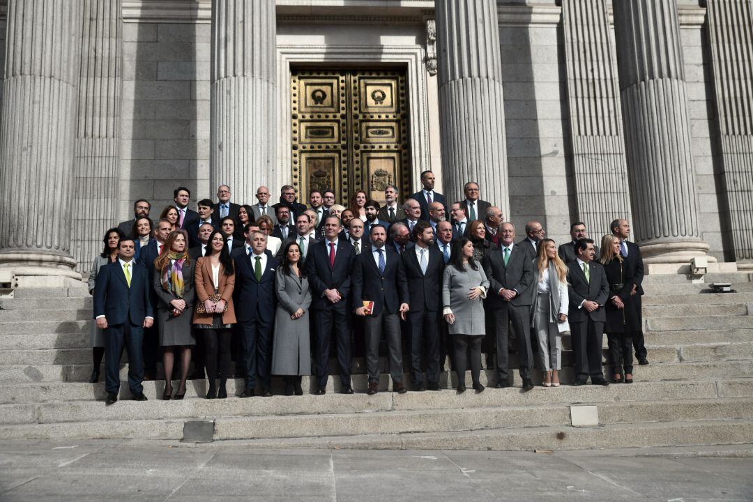 Foto de familia de los 52 diputados electos de Vox en la escalinata principal del Congreso de los Diputados.