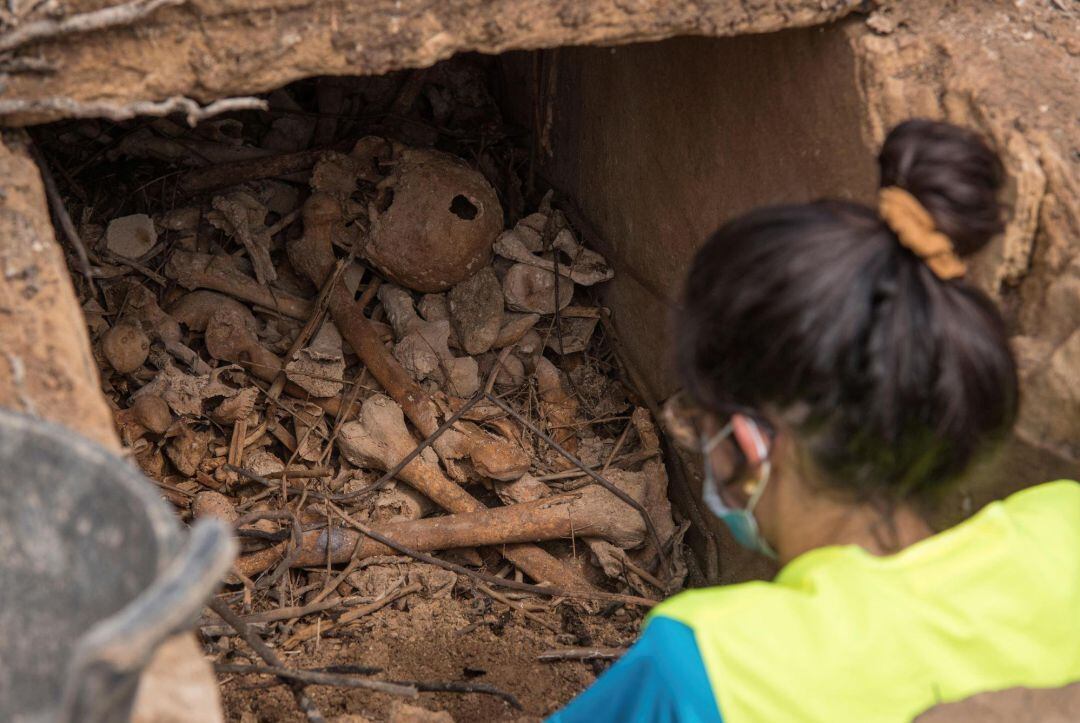 Una técnico del personal de excavación observa un cráneo humano y otros restos humanos en la apertura de la fosa.