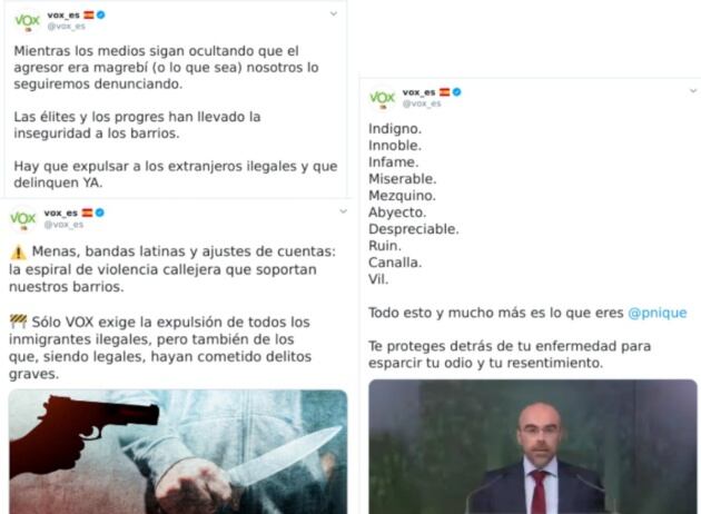 Composición con tres tuiteos del perfil de Vox en Twitter en los que se emplea la violencia verbal o el discurso de odio.