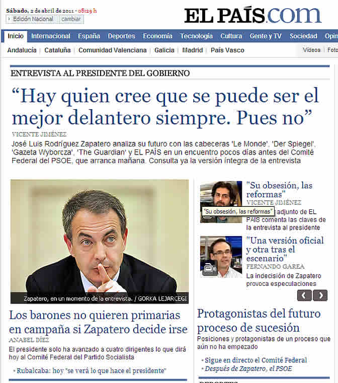 Así refleja el diario &#039;El País&#039; la entrevista a Rodríguez Zapatero en su versión digital