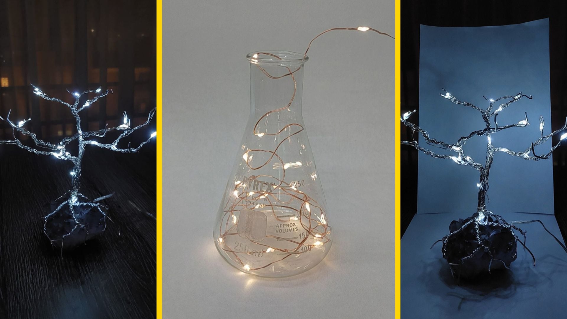 Árboles iluminados con luces led cargados con la batería de cáscara de pipa