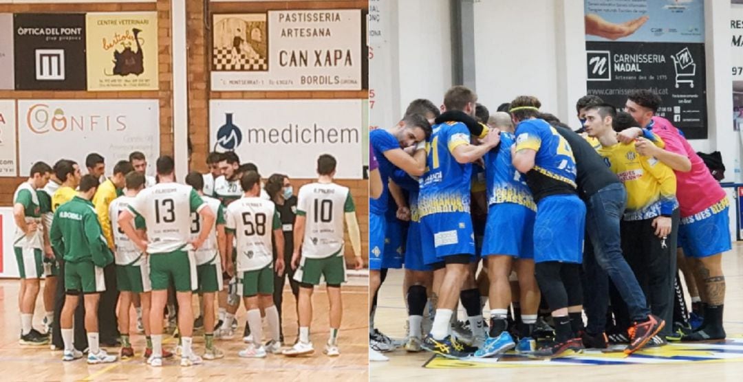 El Bordils (esquerra) durant un temps mort i el Sarrià fent pinya després d'un partit.