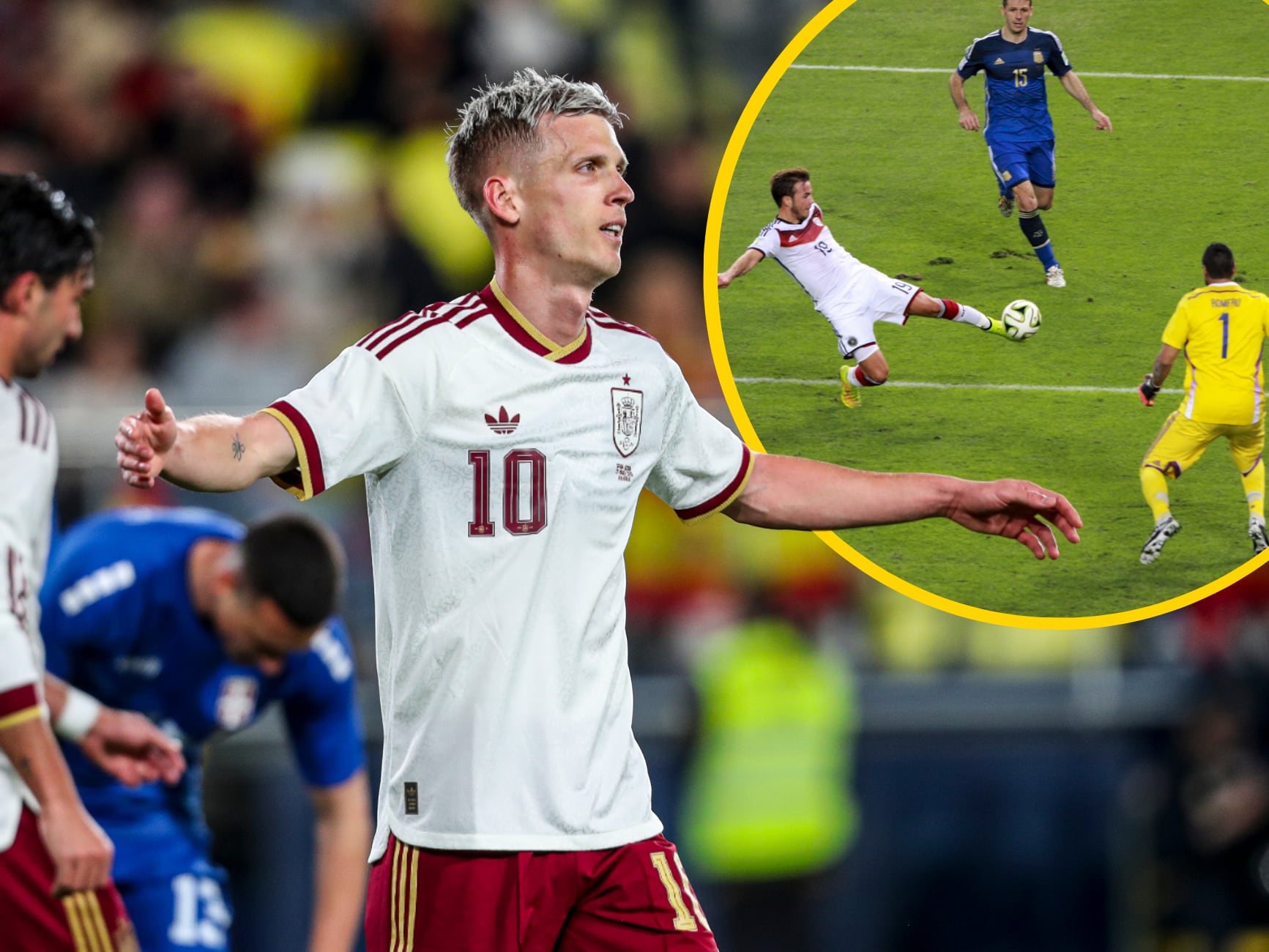 En un montaje, Dani Olmo junto al gol de Mario Gotze en la final del Mundial 2014