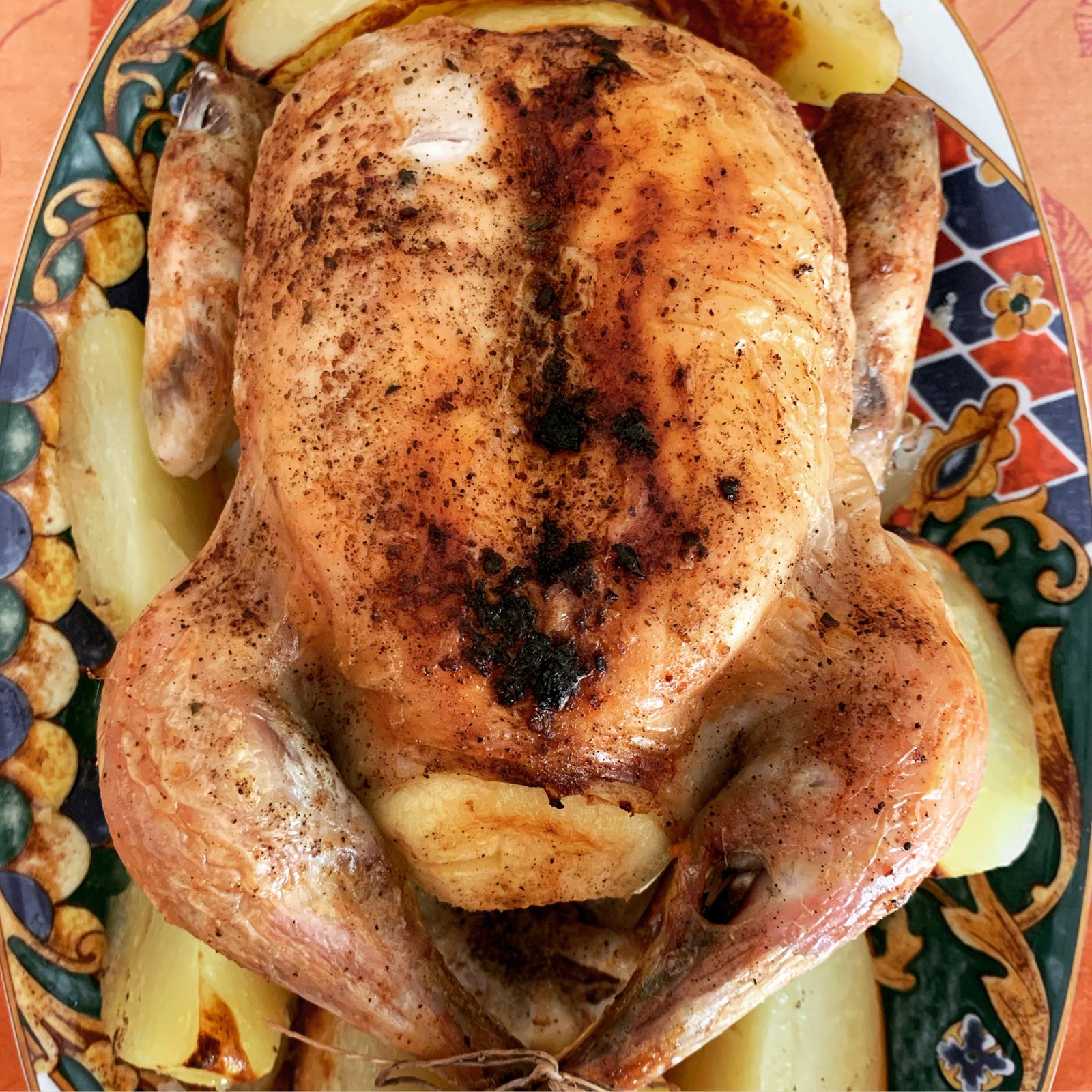 Pollo de corral &quot;bien asado&quot;.