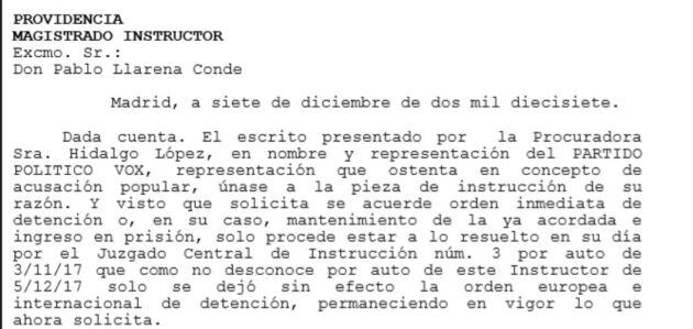 Providencia en la que el juez explicaba que la medida sigue en vigor