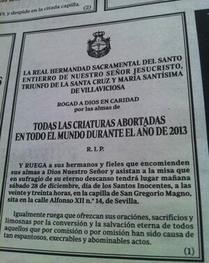 Esquela publicada en el ABC de Sevilla por la Real Hermandad Sacramental del Santo Entierro de Nuestro Señor Jesucristo, Triunfo de la Santa Cruz y María Santísima de Villaviciosa en la que pide una oración por "todas las criaturas abortadas en todo el mundo durante el año 2013".
