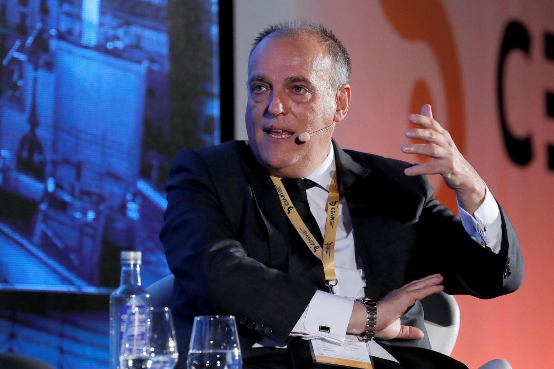 El presidente de la Liga, Javier Tebas, durante su intervención en el III Congreso Bienal Iberoamericano.