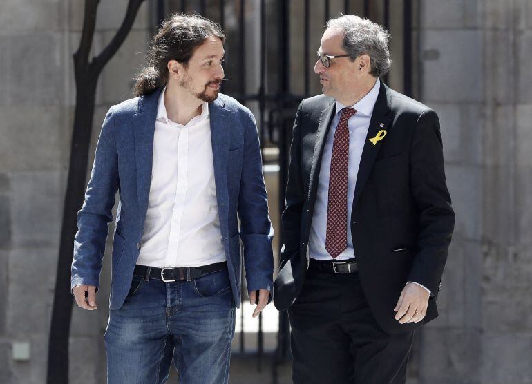Pablo Iglesias i Quim Torra, al Pati dels Tarongers del Palau de la Generalitat