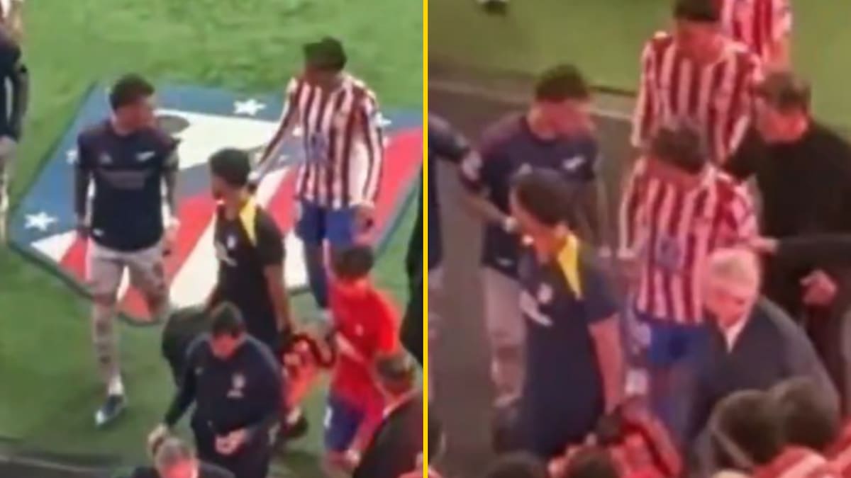 Lío en el descanso del Atlético - Arsenal: Ben White pisó el escudo del Atlético y Simeone saltó a recriminárselo