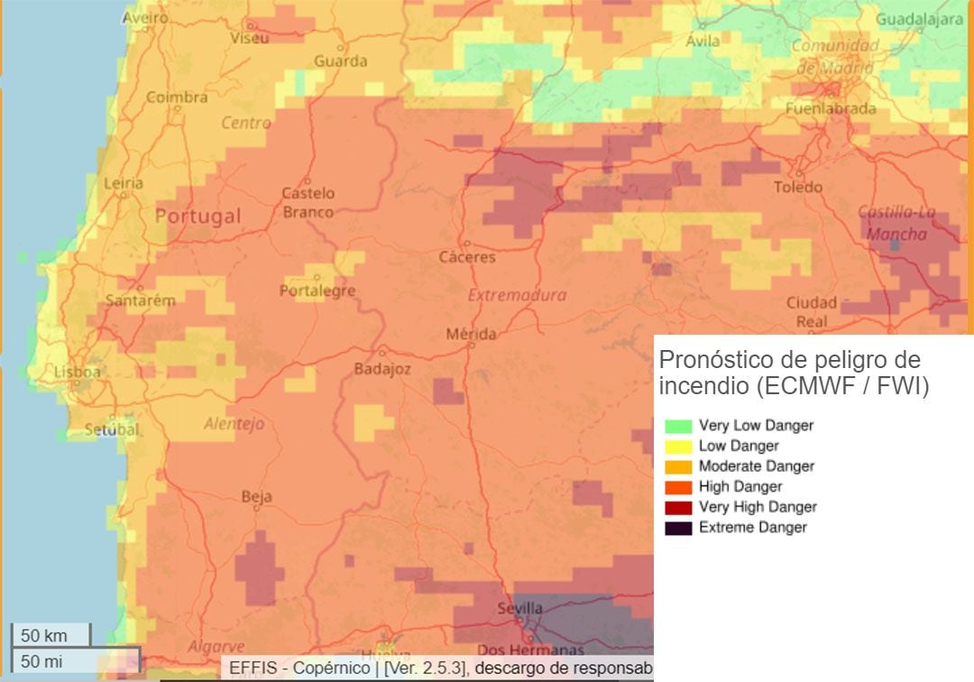 Previsión del peligro de incendio forestal para la parte oeste de la península ibérica del 27 de mayo de 2020