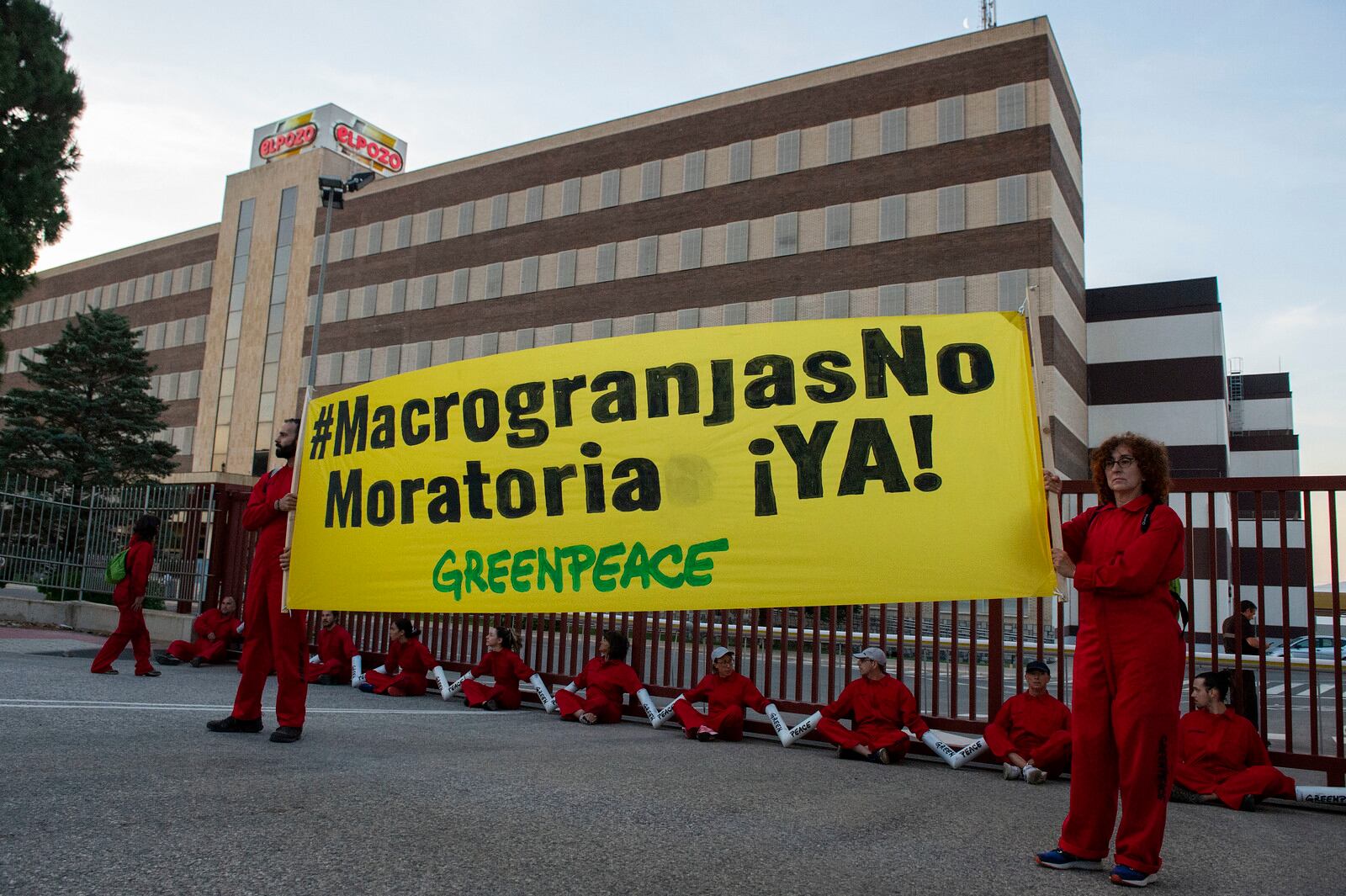 Con mensajes como #MacrogranjasNO, moratoria ¡YA!, de activistas de Greenpeace han 'tomado' la sede central de El Pozo
