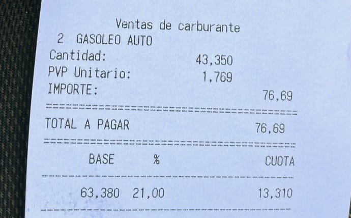 Ticket de compra de carburante en una estación de servicio de Córdoba