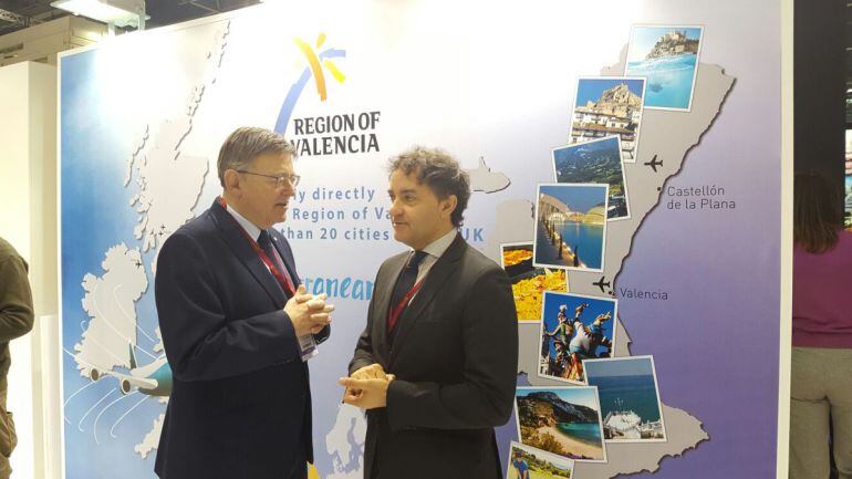 El president de la Generalitat, Ximo Puig y el secretario autonómico de Turismo, Francesc Colomer, en la World Travel Market de Londres