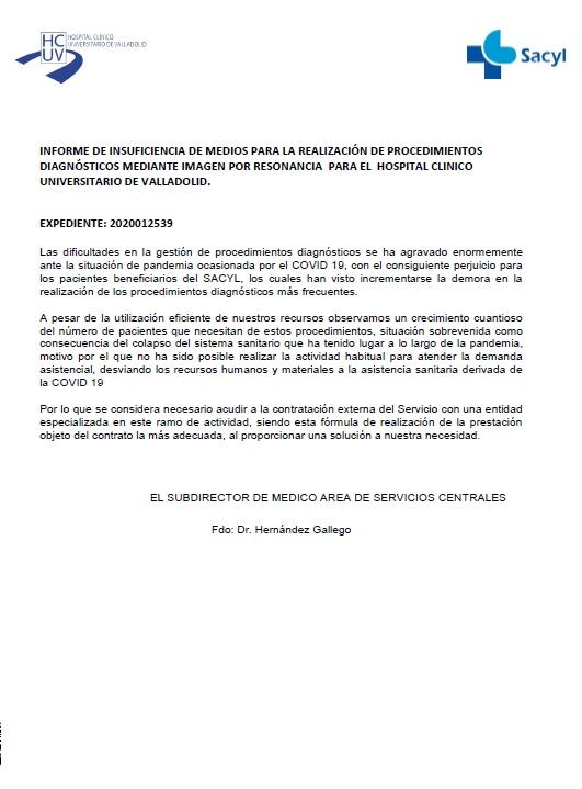 Informe de insuficiencia de medios que justifica la externalización del servicio de resonancia