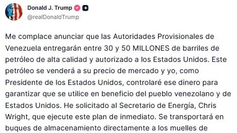 Captura de una publicación en la cuenta en Truth Social @realDonaldTrump del presidente de Estados Unidos, Donald Trump. 