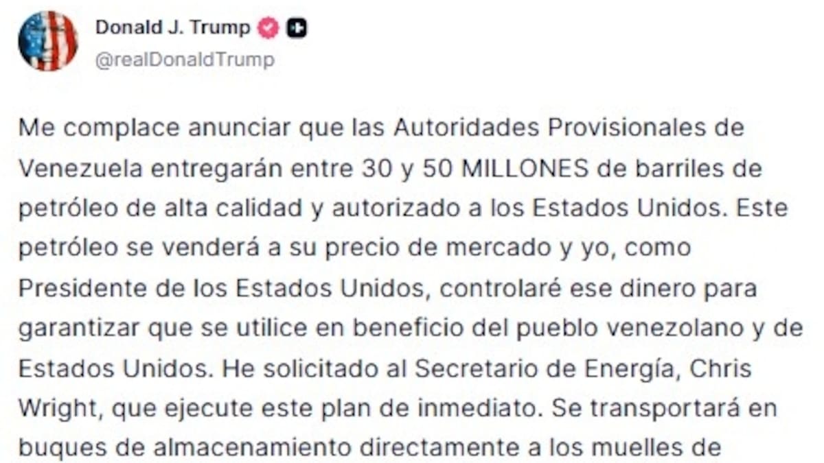 Trump asegura que Venezuela entregará a EEUU entre 30 y 50 millones de barriles de petróleo sancionado