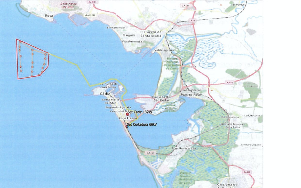 Mapa con la ubicación del parque eólico y el recorrido del cableado submarino