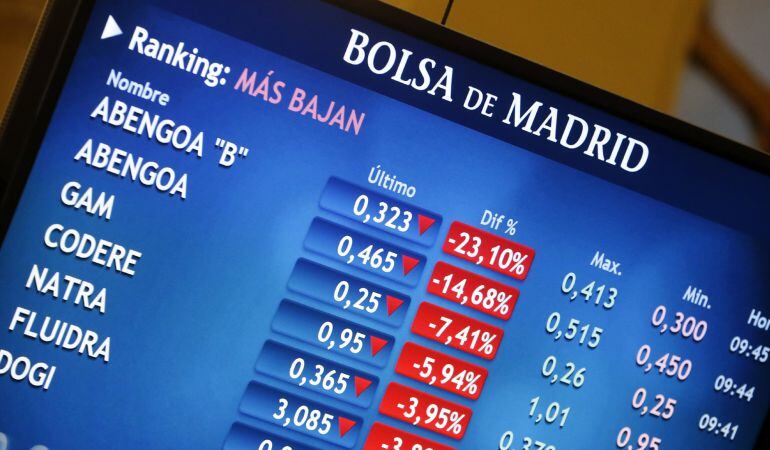 Un monitor muestra la cotización de Abengoa en la Bolsa de Madrid.