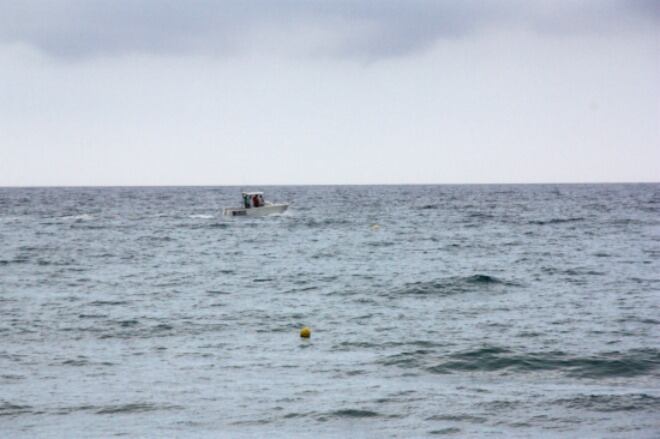 Un vaixell controlant la presència de tintoreres a la platja d'Altafulla.