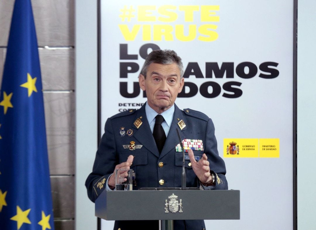 El jefe de Estado Mayor de la Defensa (JEMAD), el general Miguel Ángel Villarroya, durante la rueda de prensa posterior a la reunión del Comité de gestión técnica para hacer frente al coronavirus