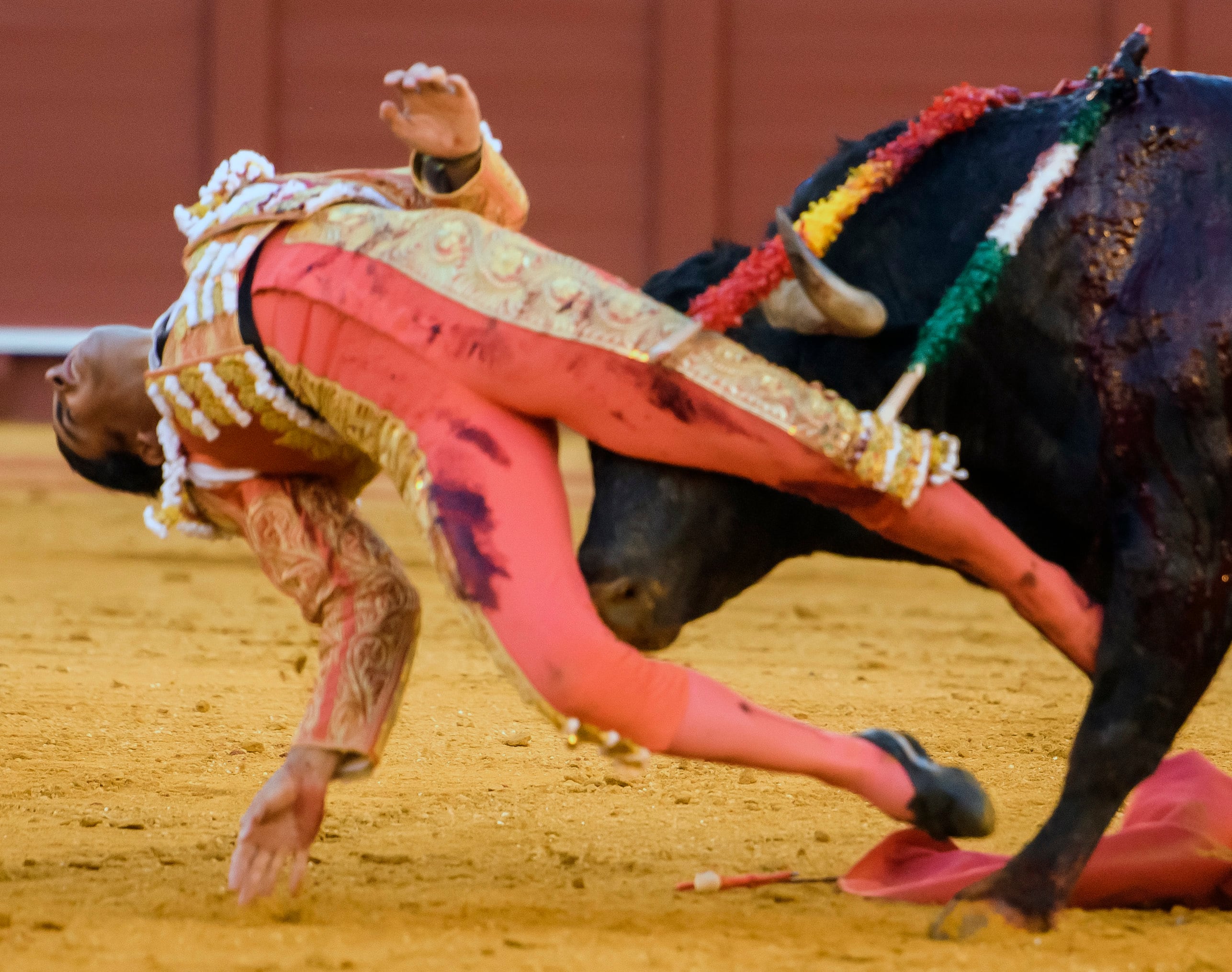 SEVILLA, 30/04/2022.- El diestro Miguel Ángel Perera es cogido por su tercer toro de la tarde en un mano a mano con Antonio Ferrera en la Plaza de La Maestranza de Sevilla. EFE/ Raúl Caro.
