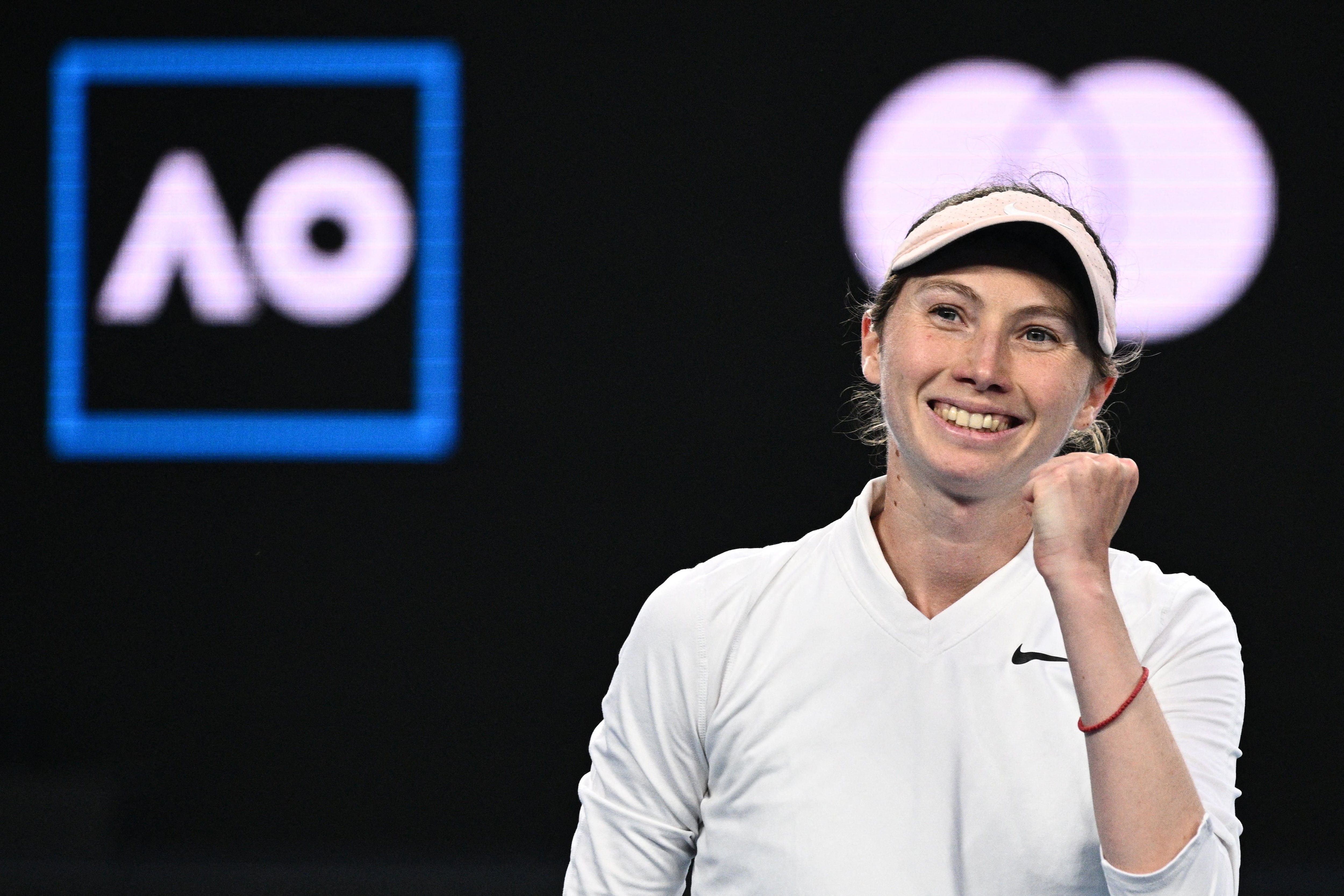 Spain&#039;s Cristina Bucsa celebrates after winning against Canada&#039;s Bianca Andreescu during their women&#039;s singles match on day three of the Australian Open tennis tournament in Melbourne on January 18, 2023. - -- IMAGE RESTRICTED TO EDITORIAL USE - STRICTLY NO COMMERCIAL USE -- (Photo by ANTHONY WALLACE / AFP) / -- IMAGE RESTRICTED TO EDITORIAL USE - STRICTLY NO COMMERCIAL USE -- (Photo by ANTHONY WALLACE/AFP via Getty Images)