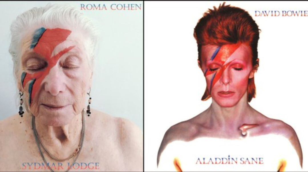 Imagen de la portada del álbum &#039;Aladdin Sane&#039; de David Bowie, recreada por Roma Cohen, una de las ancianas del centro.