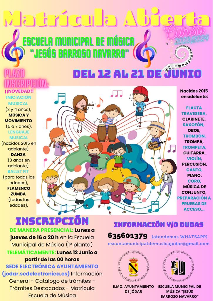 Cartel anunciador del Plazo de Matrícula para el próximo curso de la Escuela de Música y Danza &#039;Jesús Barroso Navarro&#039;