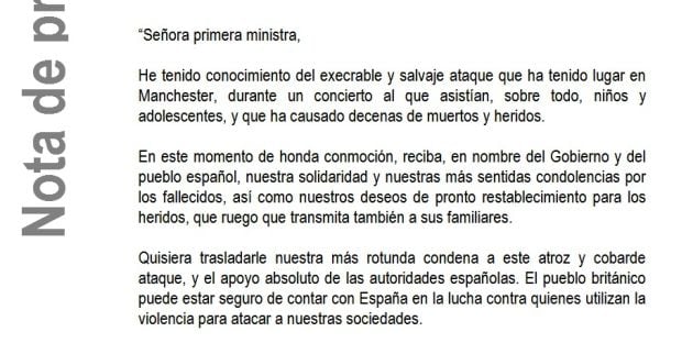 Telegrama de Mariano Rajoy a Theresa May.